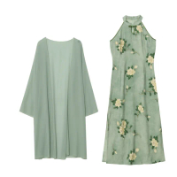 【KVOLL】玩美衣櫃綠色無袖改良旗袍開衫二件式洋裝XL-5XL