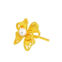 Pure 24K Yellow Gold Earrings Women 999 Gold Bow Pearl Stud Earrings