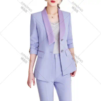 Fashion Women Pink Purple Formal Pant Suit 2 Piece Set Blazer Female Jacket and Trouser For Office Ladies Winter Work Wear