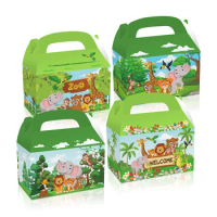 DD084 4Pcs Cartoon Jungle Animals Tiger Birthday Party Candy Portable Packing Gift Box Wild ONE Baby Shower Party Decorations