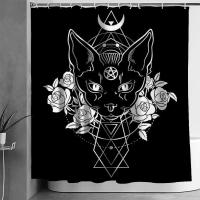 Cat ม่านอาบน้ำGothic Cat Pentagram Death โลหะสีดำกันน้ำโพลีเอสเตอร์ผ้าม่านห้องน้ำชุด Hooks