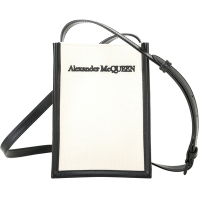 Alexander McQueen 字母刺繡帆布拼皮革手機包/斜背包(米白x黑色)