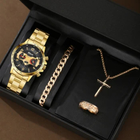 The latest style of men's fashion handsome mechanical wind daily wear quartz watch + cross three-piece set