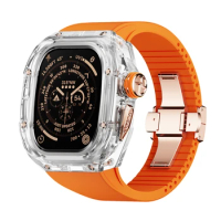 For Apple Watch Ultra 2 49mm K9 Crystal Transparent Case Fluororubber Rubber Strap Conversion Protect iwatch orange band