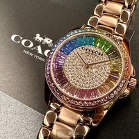 COACH手錶,編號CH00191,36mm玫瑰金圓形精鋼錶殼,彩虹中二針顯示, 彩虹鋼琴鍵鑽圈錶面,玫瑰金色精鋼錶帶款,彩虹鋼琴鑽圈限量款
