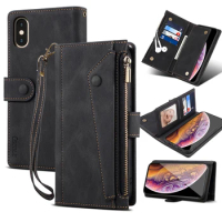 Wallet Flip Leather Case For iPhone XS Max XR 7 8 6 6S Plus Case for Apple SE 2020 With Free Rope Luxury Zipper Protective Cover