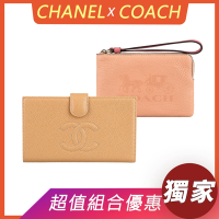 展示品CHANEL 經典雙C縫線LOGO魚子醬牛皮6卡釦式長夾(米)+COACH