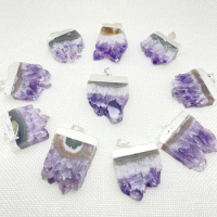 Natural Gem Stone Amethyst Slice Druzys Pendant Purple Crystal Quartz Male Raw Slab Geode for DIY Jewelry Making Necklaces 6Pcs