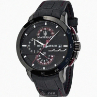 【MASERATI 瑪莎拉蒂】MASERATI手錶型號R8871619003(黑色錶面黑錶殼深黑色真皮皮革錶帶款)
