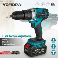 Yofidra 13mm 20+3 480N.M Torque Brushless Hammer Drill Cordless Electric Impact Drill Screwdriver for makita 18V Battery Tool