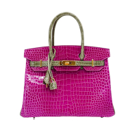Hermes 愛馬仕 展示品 Birkin 鱷魚皮金釦手提鉑金包-30cm(C刻/桃紅/灰)