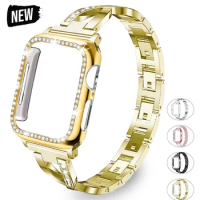 Diamond Band + case For Apple Watch series9 8 7 SE 6 5 4 3 2 1 stainless steel strap for iWatch 40/44/38/42/41/45/40/44/49mm