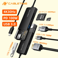 CABLETIME 6 in 1 USB C HUB to PD 100W HDMI 4K 30Hz USB 3.0 5Gbps SD TF Card Reader for Macbook iPad Pro USB Adapter C461
