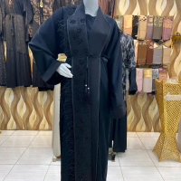 Abaya. Inner Outer Lepas Pasang. Motif Payet Bunga. Outer Coat