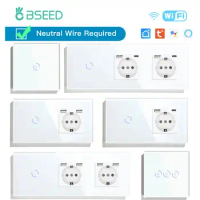 BSEED WIFI Touch Switch Smart Wall Switch 1/2/3Gang 1/2/3Way Smart Life APP Glass with Type-c EU Socket Phone Charge USB Outlets