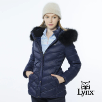 【Lynx Golf】女款防風保暖潑水羽絨晶亮斜紋拉鍊口袋長袖可拆式連帽外套(深藍色)