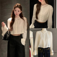 W7998 เสื้อแขนยาว แต่งกระดุม และแต่งดีเทลผ้าลูกไม้ แฟชั่นเกาหลี TAG WG.WE