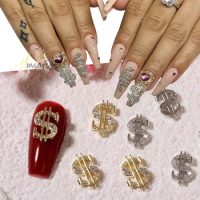 10Pcs Dollar Sign Money Nails Charms Zircon/Diamond Pendant Jewelry Dollar Design Gold Silver Luxury Nail Decoration