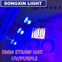 100pcs 5mm Light UV Purple Straw Hat Wide Angle Ultraviolet 395nm - 400nm Transparent 5 mm Light-Emitting Diode LED Lamp