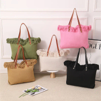 Túi tote rủ [Fringe Tote Bag], túi đeo vai vải bố dung tích lớn cho nữ, túi đi biển đan tối giản, tú
