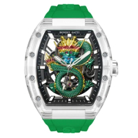 BONEST GATTI Men Luxury Watch 45mm Tonneau Crystal Case Automatic Mechanical Wristwatch Luminous Fluororubber Strap Dragon Dial