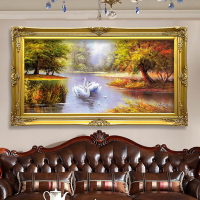 美式風景油畫歐式山水畫客廳裝飾畫玄關書房掛畫酒店壁畫天鵝湖橫