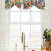 Watercolor Country Garden Plant Flower Window Curtain Living Room Kitchen Cabinet Tie-up Valance Curtain Rod Pocket Valance