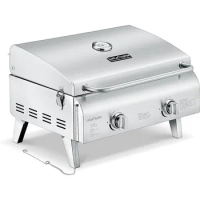 Portable Grill – Table Top Stainless Steel Propane Gas BBQ for Camping and Outdoor – 2 Burners –20,000 BTU Power - Folding Legs