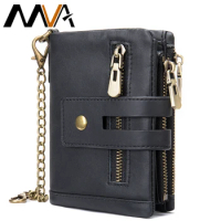 MVA Mens Wallet with Chain Genuine Leather Purse RFID Blocking Bifold Double Zipper Coin Pocket with Anti-Theft Chain