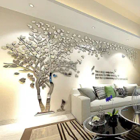 Mirror Silver Big Tree Wall Stickers Sofa TV Background Wallpaper DIY Art Decals Quality 3D Acrylic Wallstickers Murals Posters