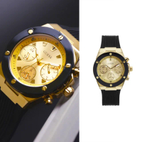 【GUESS】黑金色系 三眼日期顯示 黑色矽膠錶帶 手錶 男錶 情人節(GW0030L2)
