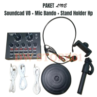 (TERLARIS) SATU PAKET LIVE – Soundcard V8 + Mic Clip on Bando + Stand