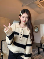 polo領薄毛衣女冬內搭寬松慵懶風復古黑白條紋長袖針織衫上衣早秋