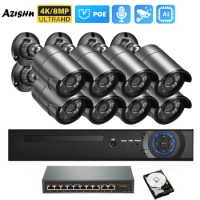 AZISHN 4K POE Security Camera System 8MP NVR POE Switch Outdoor IP Camera Human Detect Record Stable Video Surveillance Set