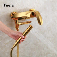Shower Faucet Set Bathroom Gold Finished Leaf Bath &amp; Shower Faucet Wall Mounted Brass With Unique Handheld Shower Head Brass