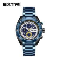 Extri Fashion All Blue Mens Watches Top Brand Luxury Stainless Steel Quartz Watch For Men Waterproof Sport Male Chronograph