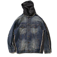 Bamboo Cotton Multi Material Patchwork Denim Jacket Men Vintage Washed Ragged Edge Jeans Coat Male