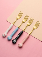 304不銹鋼叉子餐具家用兒童創意貓爪單個餐叉陶瓷手柄水果叉飯叉