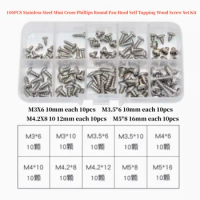 240/380PCS M1.2 M1.4 M1.7 M2 M3 M4 M5 304 Stainless Steel Mini Cross Phillips Round Pan Head Self Tapping Wood Screw Set Kit Box