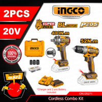 INGCO 2pcs Li-Ion Brushless Cordless Drill |   Impact Wrench |   Impact Driver Combo Set -TFM-ICPT