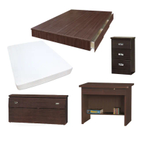 【顛覆設計】房間五件組 床頭箱+抽屜床+獨立筒+床頭櫃+書桌(雙人5尺)