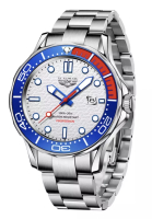 LIGE LIGE 中性潛水員不銹鋼石英手錶，藍色和紅色旋轉表圈，鋼錶鍊上的白色錶盤