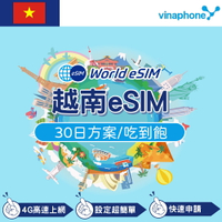 越南 eSIM 上網卡 30天 吃到飽不降速 4G高速上網 Vinaphone 手機上網 越南漫游 旅游卡 日商公司品質保證