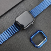 Metal Band with TPU Case for Apple Watch Bands 45mm 44mm 42mm 41mm 40mm 38mm Business Link Bracelet iWatch 7 6 5 4 3 2 SE Blue