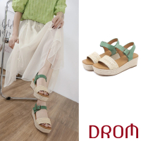 【DROM】厚底涼鞋 一字涼鞋/歐美時尚清新草編一字帶坡跟厚底涼鞋(綠)