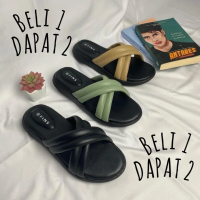 SANDAL ROSE PITA PUFF SILANG  WEDGES EMPUK KARET Wanita