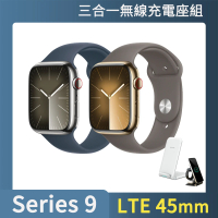 三合一無線充電座組【Apple】Apple Watch S9 LTE 45mm(不鏽鋼錶殼搭配運動型錶帶)