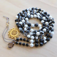 MN36791 Black Tourmaline Zebra Jasper Mala Necklace 108 Mala Prayer Beads Yoga Gift Yoga Necklace Mala Beads