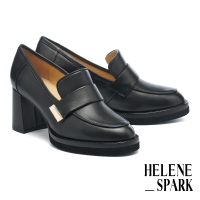 【HELENE_SPARK】復古知性純色寬帶全真皮樂福高跟鞋(黑)