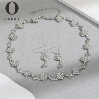 Obega 2PCS Rose Flower Jewelry Set Clavicle Choker Necklace Hoop Earrings Set For Woman Girl Trendy Style Daily Jewelry Wear
